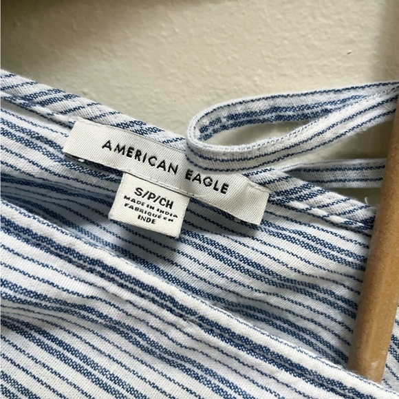 AE Linen Blend V-neck Blue White Pinstripe Tiered Ruffle Mini Dress - Picture 10 of 11